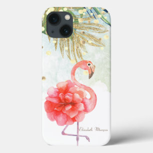 Funda Para iPhone 13 Flor De Flamingo Rosa,Hoja De Palmilla De Confetti