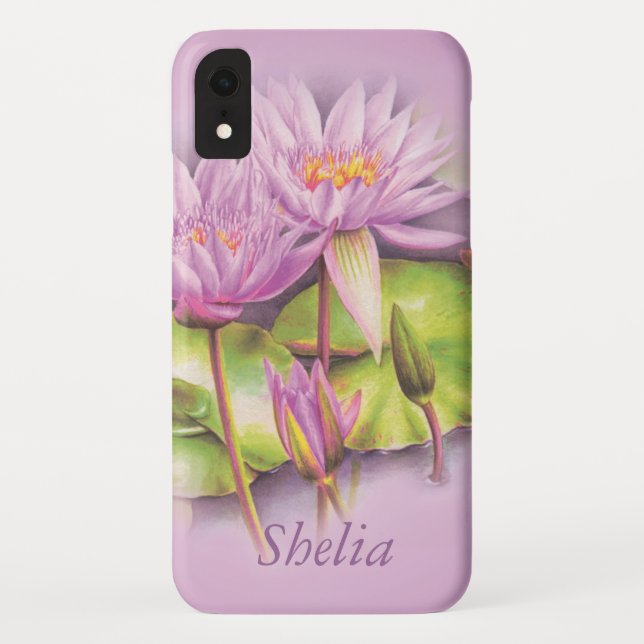 Funda De Case-Mate Para iPhone Flor de lirio de agua rosa púrpura (Reverso)