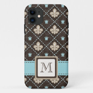 Funda Para iPhone 11 Flor de lis azul con monograma