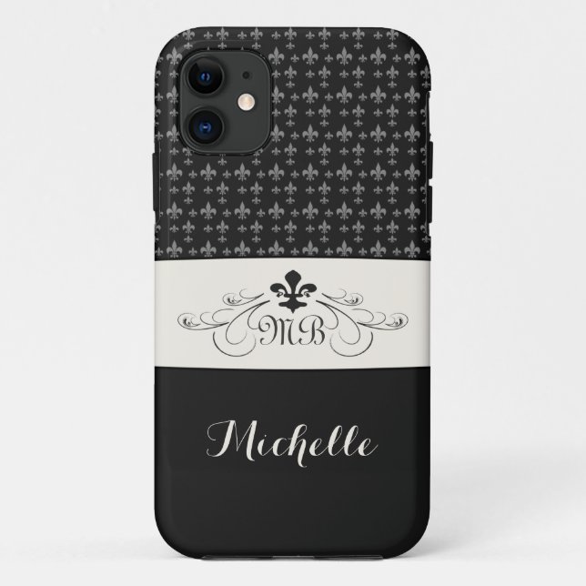 Funda De Case-Mate Para iPhone Flor de lis blanca negra elegante (Reverso)
