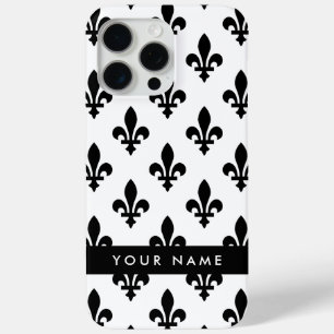 Funda Para iPhone 15 Pro Max Flor de Lis, Negro sobre Blanco, Negro, Tu Nombre