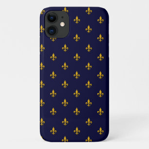 Funda Para iPhone 11 Flor de oro de Lis sobre azul marino