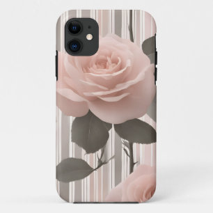Funda Para iPhone 11 Flor de rosa rosa y rayas, aspecto vintage