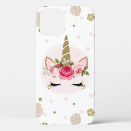 Funda Para iPhone 12 Flor de Unicornio Dorado y Rosa Tendencia Lindo
