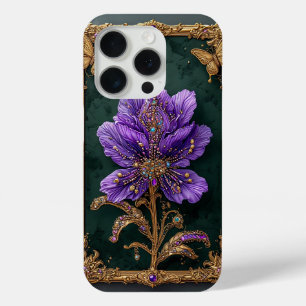 Funda Para iPhone 15 Pro Flor elegante púrpura con joyas incrustadas