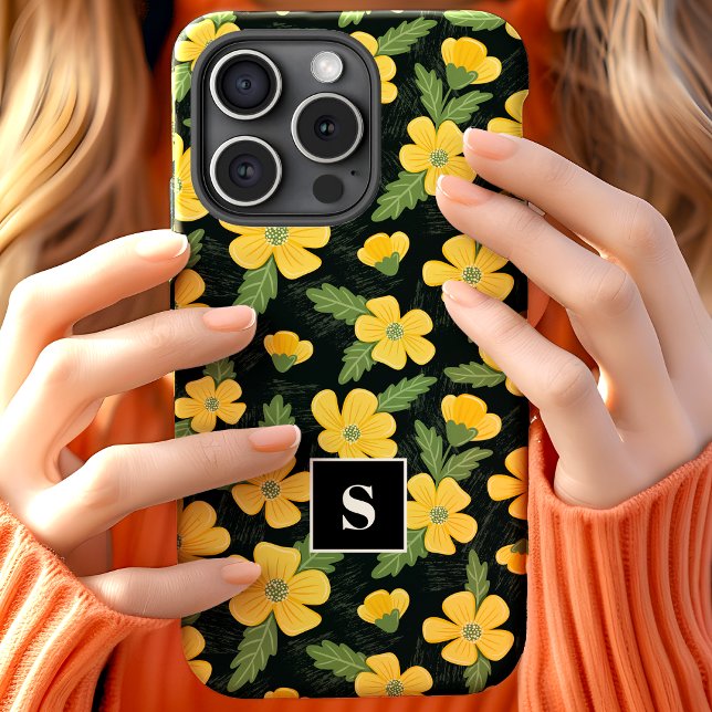 Funda De Case-Mate Para iPhone Flor floral amarilla monogramada (Subido por el creador)