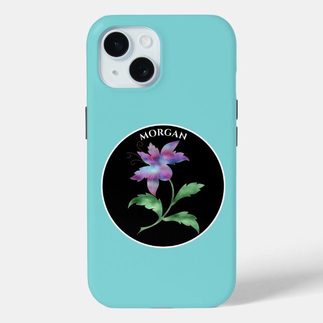 Funda De Case-Mate Para iPhone Flor Iridescente, Círculo Negro, Nombre (Reverso )