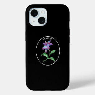 Funda Para iPhone 15 Flor Iridescente, Círculo Negro sobre Negro, Nombr