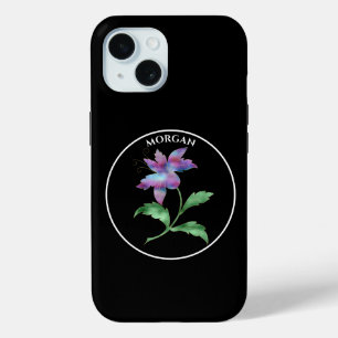 Funda Para iPhone 15 Flor irlandés, círculo negro sobre negro, nombre