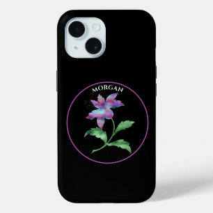 Funda Para iPhone 15 Flor irlandesa, color morado en negro, nombre