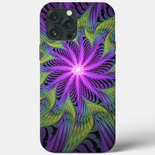 Funda Para iPhone 13 Pro Max Flor moderna abstracta arte fractal verde púrpura