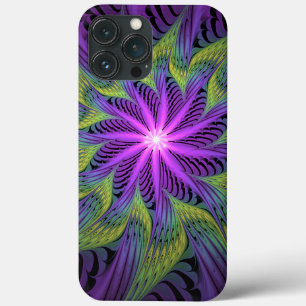Funda Para iPhone 13 Pro Max Flor moderna abstracta arte fractal verde púrpura