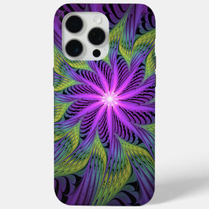 Funda Para iPhone 15 Pro Max Flor moderna abstracta fractal arte púrpura verde