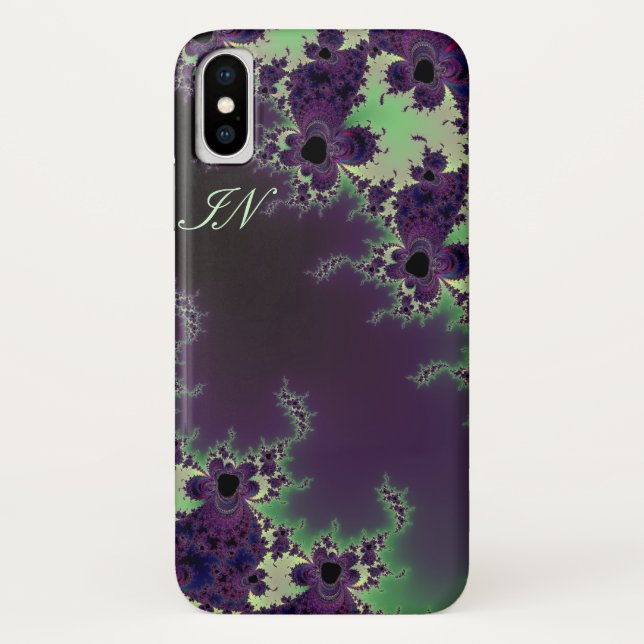Funda De Case-Mate Para iPhone Flor púrpura verde del fractal del monograma (Reverso)