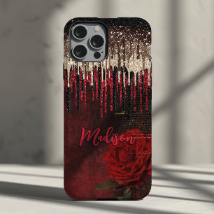 Funda Para iPhone 14 De Case-Mate Flor roja chic con monograma de oro y brillo
