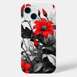 Funda Para iPhone 15 Flor Roja Sobre La Planta Blanca Negra