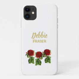 Funda Para iPhone 11 Flor roja y hojas verdes nombre personalizado