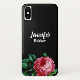 Funda Para iPhone X Flor rosa vintage nombre personalizado negro