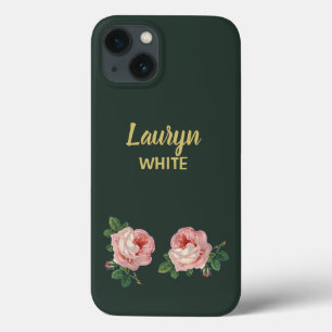 Funda Para iPhone 13 Flor rosa y hojas en verde oscuro