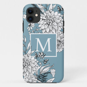 Funda Para iPhone 11 Flor silvestre floral Monograma botánico Azul Blan