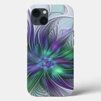 Funda Para iPhone 13 Flor verde morada Moderna Resumen arte fractal