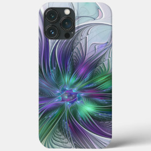 Funda Para iPhone 13 Pro Max Flor verde morada Moderna Resumen arte fractal