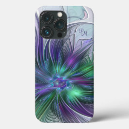 Funda Para iPhone 13 Pro Flor verde púrpura Resumen de Iniciales de Arte Fr