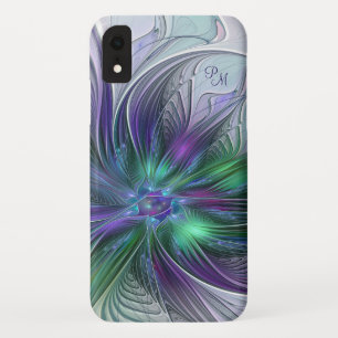 Funda Para iPhone XR Flor verde púrpura Resumen Monograma Art Fractal