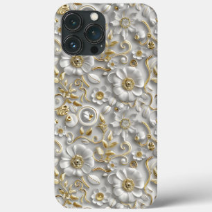 Funda Para iPhone 13 Pro Max Flora de Flora 3D decorativa de oro blanco