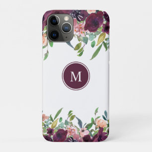 Funda Para iPhone 11 Pro Floral Acuarela Monograma Rosa Púrpura Marsala