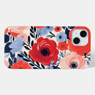 Funda Para iPhone 15 Mini Floral Acuarela Rojo Blanco Azul Moderno