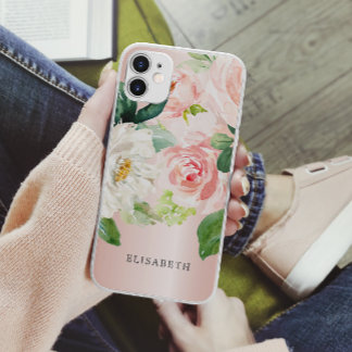 Funda Para iPhone 11 Floral acuática de marfil rosa dorado con tu nombr