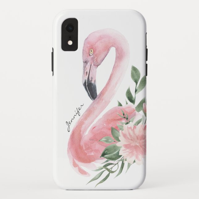 Funda De Case-Mate Para iPhone Floral acuática tropical Flamingo rosa con nombre (Reverso)