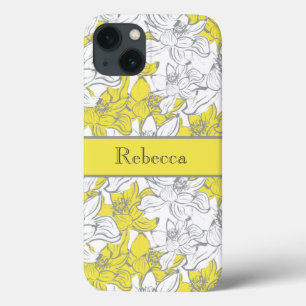 Funda Para iPhone 13 Floral Amarillo y Gris con Monograma