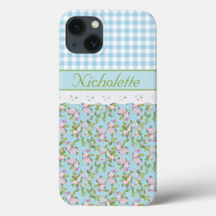 Funda Para iPhone 13 Floral Apple Blossom, Blue Check Gingham y Lace