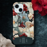 Funda Para iPhone 15 Floral audaz elegante con monograma Personalizado<br><div class="desc">Elegante rubí exótico rojo,  azul polvoriento y blanquecino sobre un fondo azul verde azulado oscuro con un único elemento de etiqueta en blanco para su nombre o monograma. El color de la etiqueta se puede personalizar mediante la herramienta de selección de colores del panel de diseño de edición.</div>