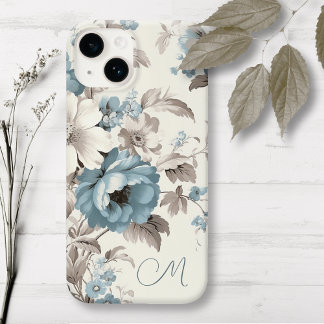 Funda Para iPhone 14 De Case-Mate Floral azul/marrón claro bonito con inicial