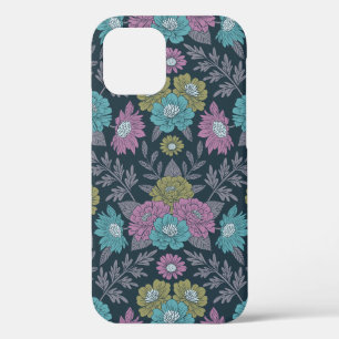 Funda Para iPhone 12 Floral azul oscuro, verde y púrpura