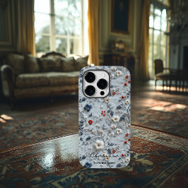 Funda Para iPhone 14 Pro De Case-Mate Floral azul personalizado y rojo bordado con cita