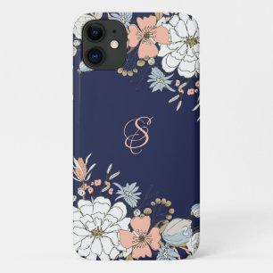 Funda Para iPhone 11 Floral azul rosa Rubor de la marina personalizada