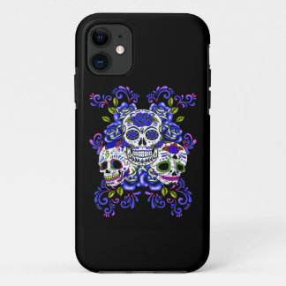 Funda Para iPhone 11 Floral Azul Triple Día De Cráneo De Azúcar De Muer