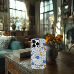 Funda Para iPhone 14 Pro De Case-Mate Floral Bordado en Azul y Dorado Personalizado