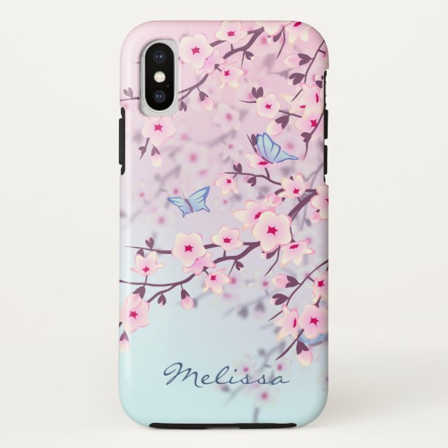 Funda De Case-Mate Para iPhone Floral Cerezo Blossom Azul rosa Monograma (Reverso)