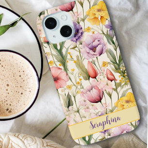 Funda Para iPhone 15 Floral color de agua amarillo rosa morado nombre p