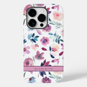 Funda Para iPhone 14 Pro De Case-Mate Floral color de agua morado con nombre