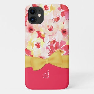 Funda Para iPhone 11 Floral Colorido con Lazo Amarillo y Monograma