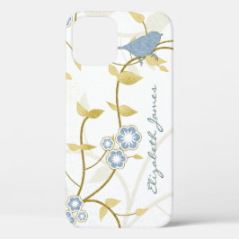 Funda Para iPhone 12 Floral de Aves Blancas de Oro Azul Personalizada