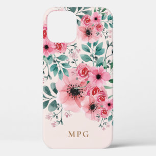 Funda Para iPhone 12 Floral de color de agua dulce y elegante monograma