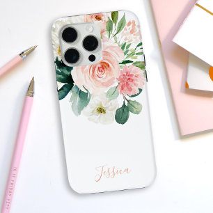 Funda Para iPhone 15 Pro Max Floral de color de agua rosa de Rubor con su nombr