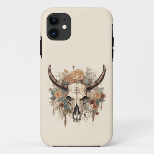 Funda Para iPhone 11 Floral de cráneo de toro de Boho occidental